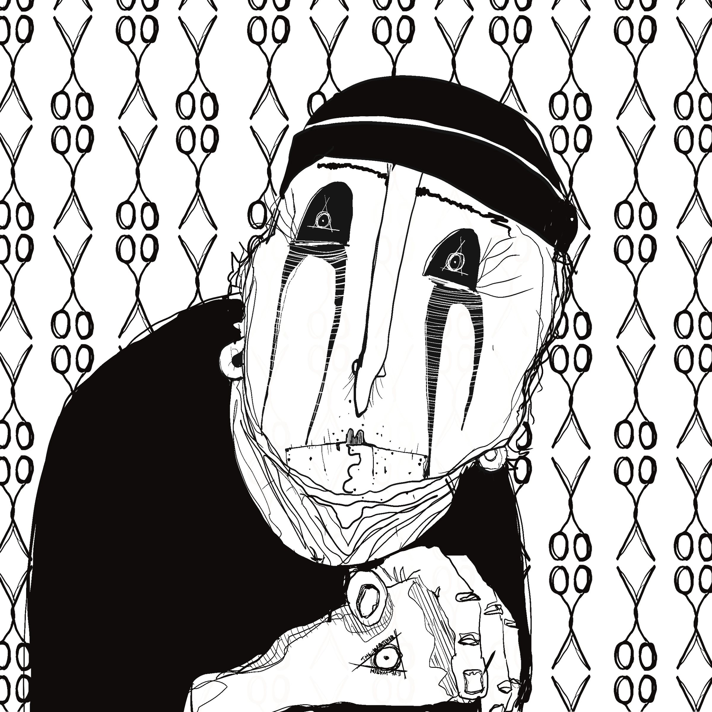 Ink drawing of a masked man in a knit cap against a wallpaper of eyes