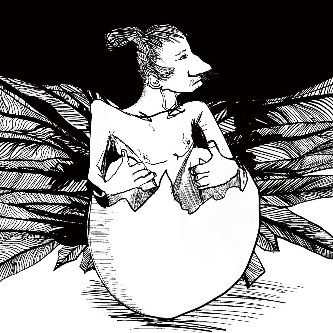 Ink drawing of a winged woman rising from a cracked egg