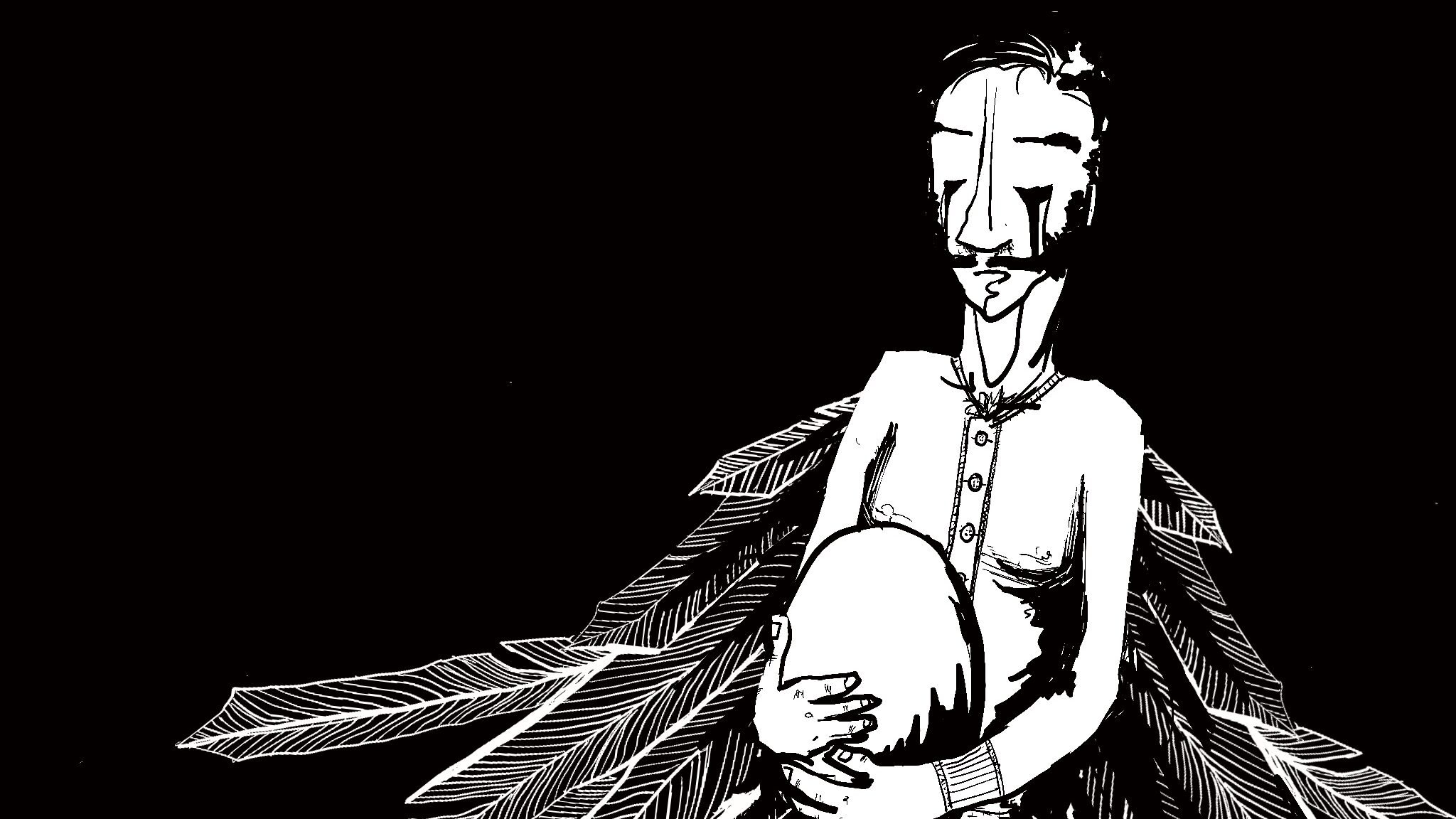 Ink drawing of a winged figure cradling an egg