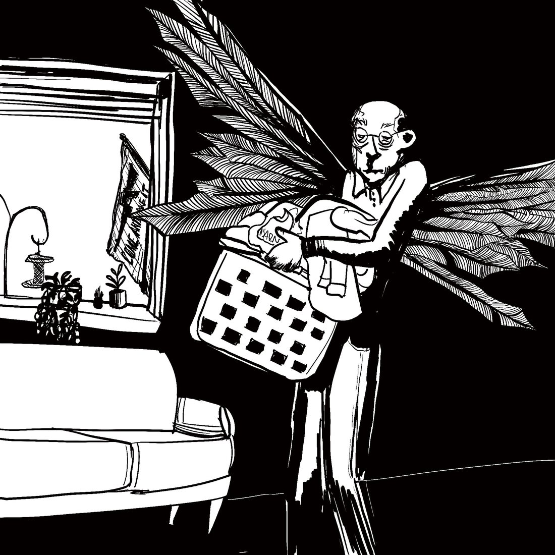 Ink drawing of a winged old man carrying a laundry basket at home