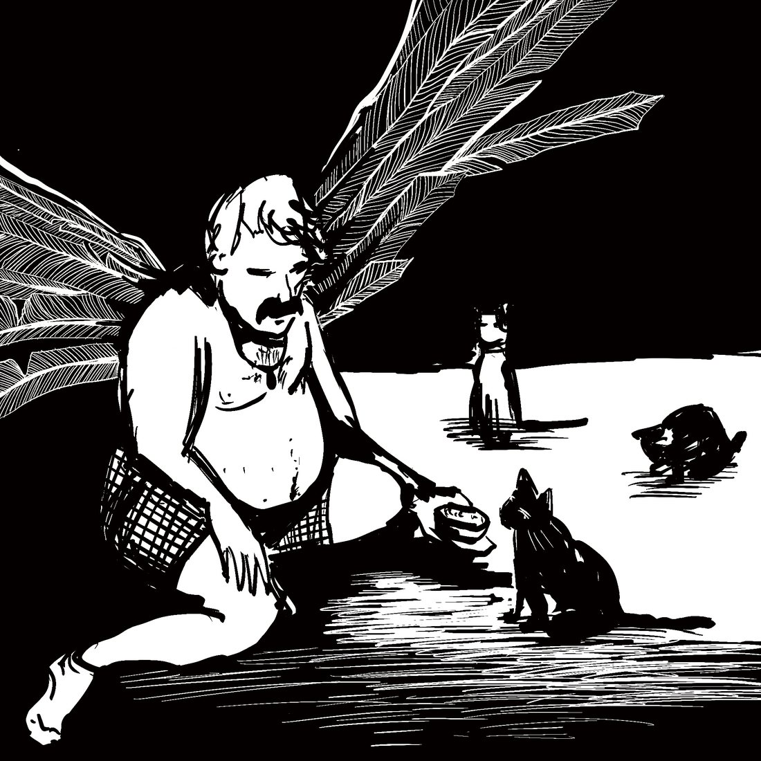 Ink drawing of a winged man kneeling with cats in the dark