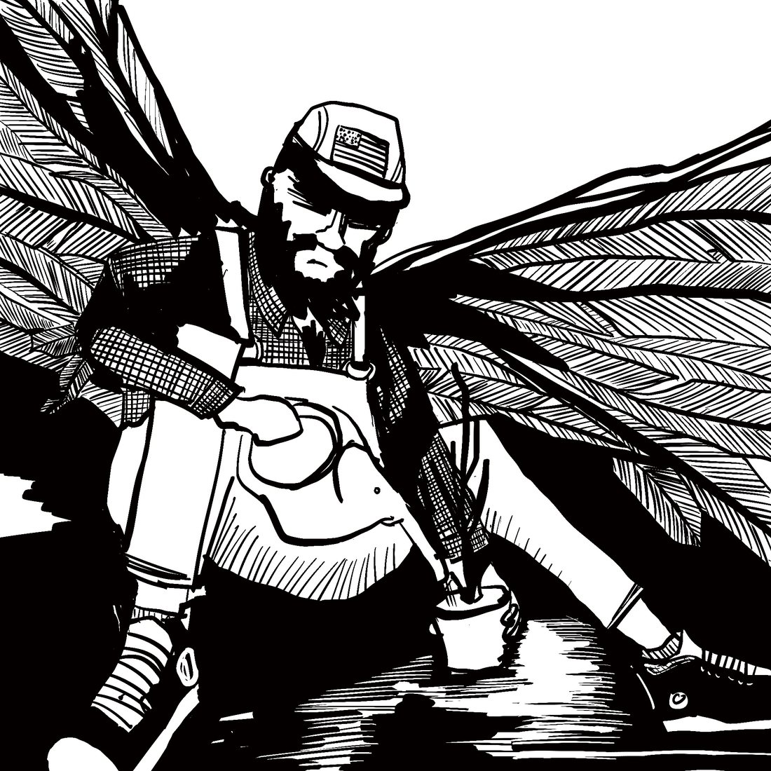 Ink drawing of a winged man in a trucker cap sitting on the ground