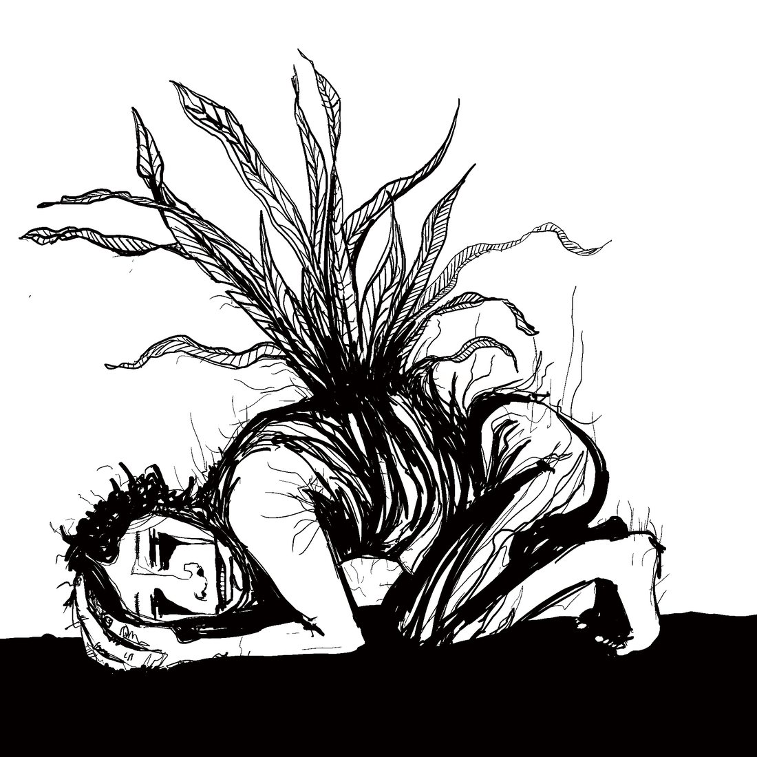 Ink drawing of a woman lying curled beneath a burst of leaves