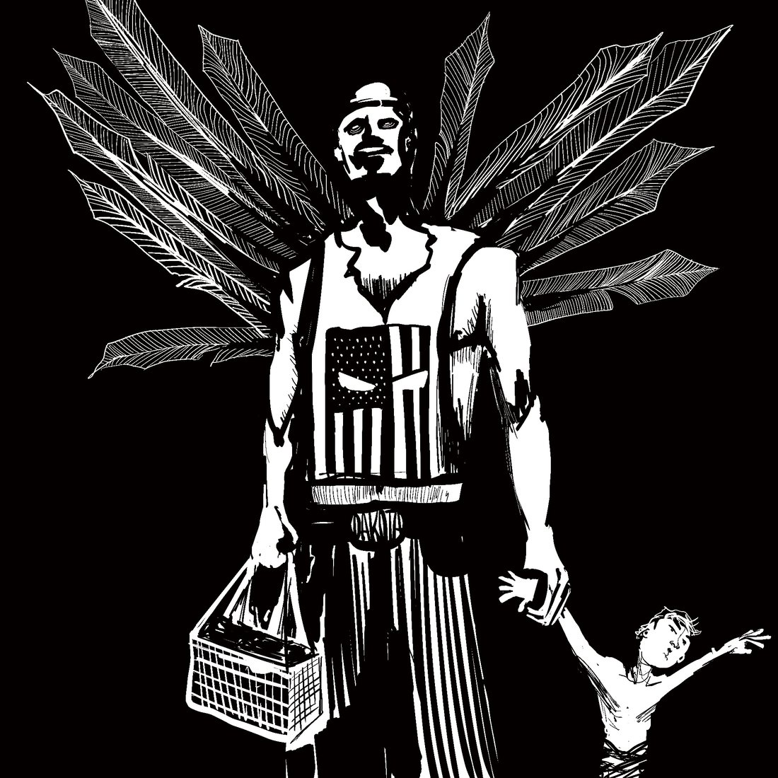 Ink drawing of a winged man with a shopping basket and a small child