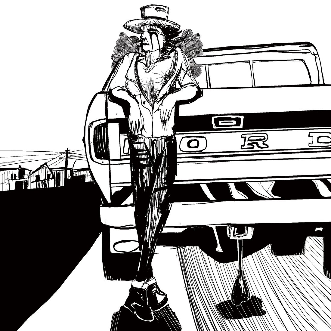 Ink drawing of a man in a hat leaning on the tailgate of a Ford pickup