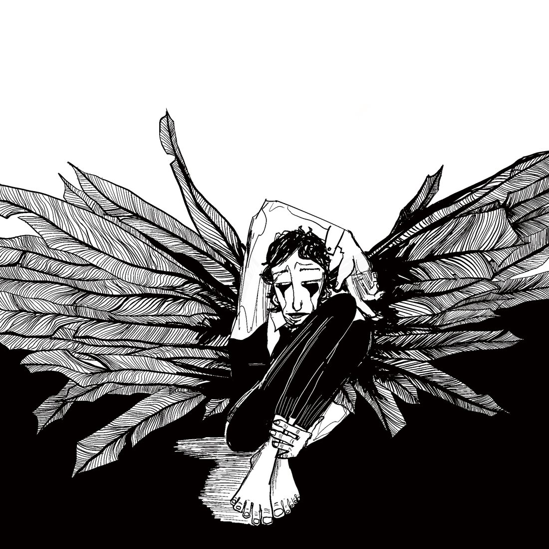 Ink drawing of a winged figure hugging their knees