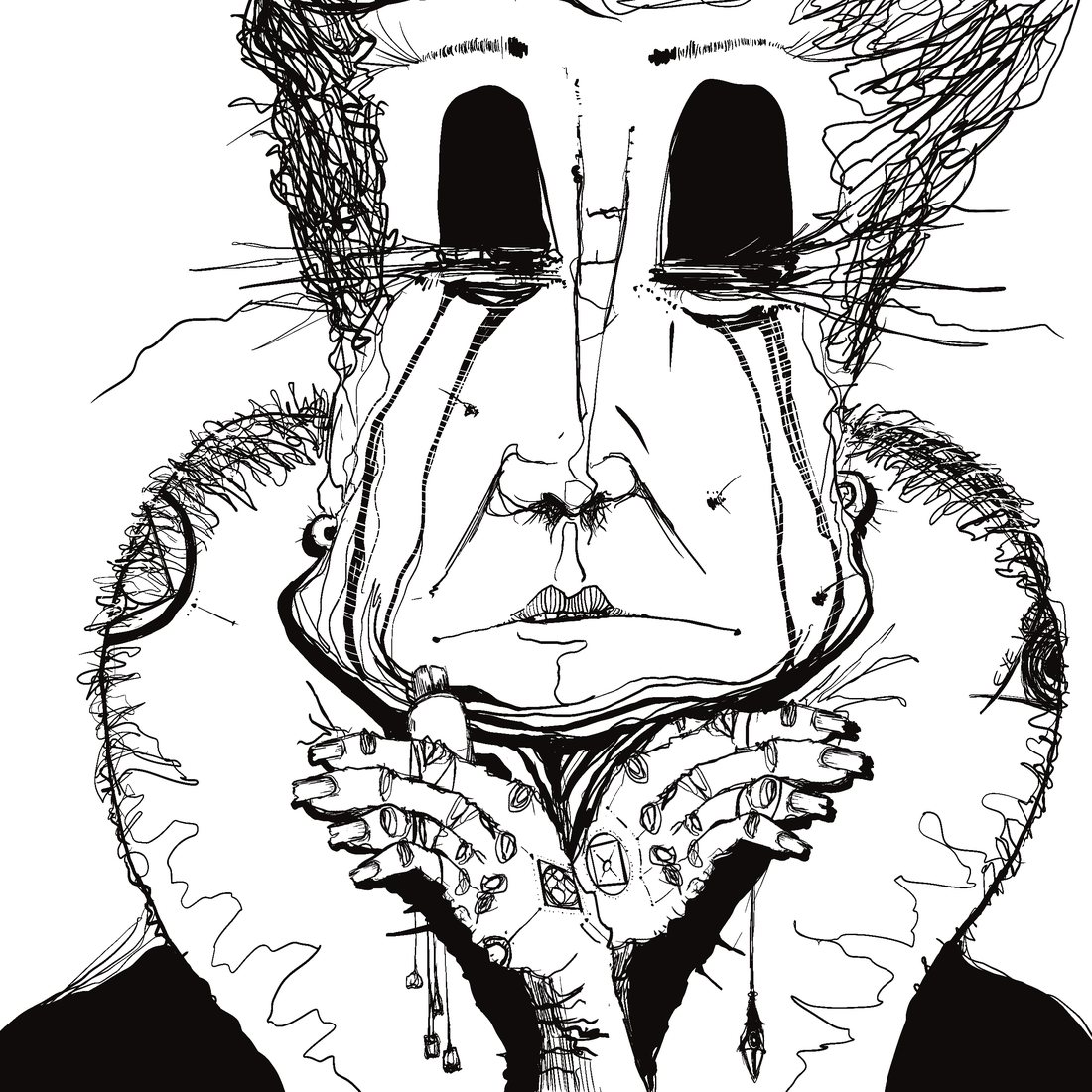 Ink drawing of a hollow-eyed face over folded hands