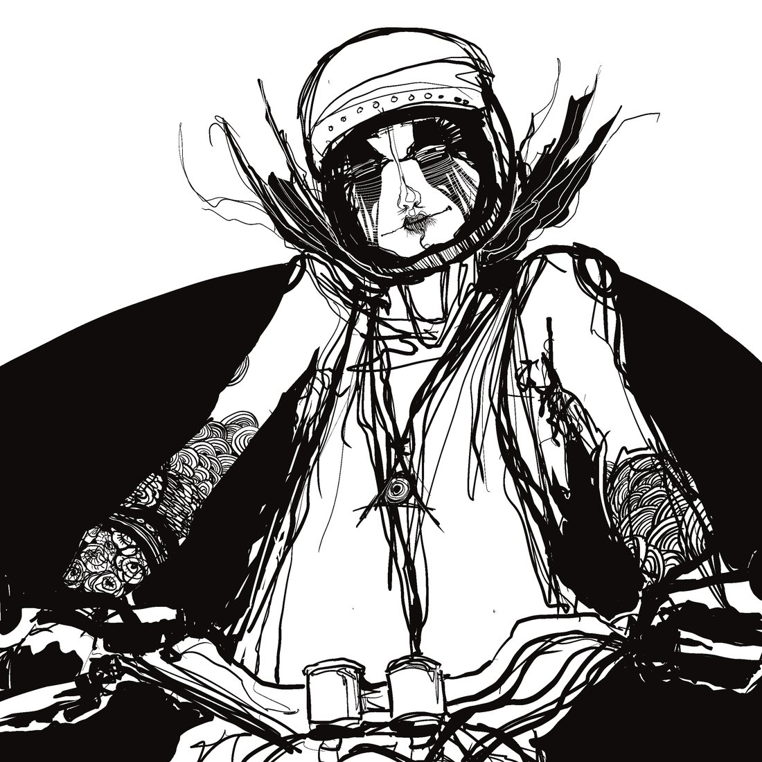 Ink drawing of a woman in a cap with long tangled hair and binoculars