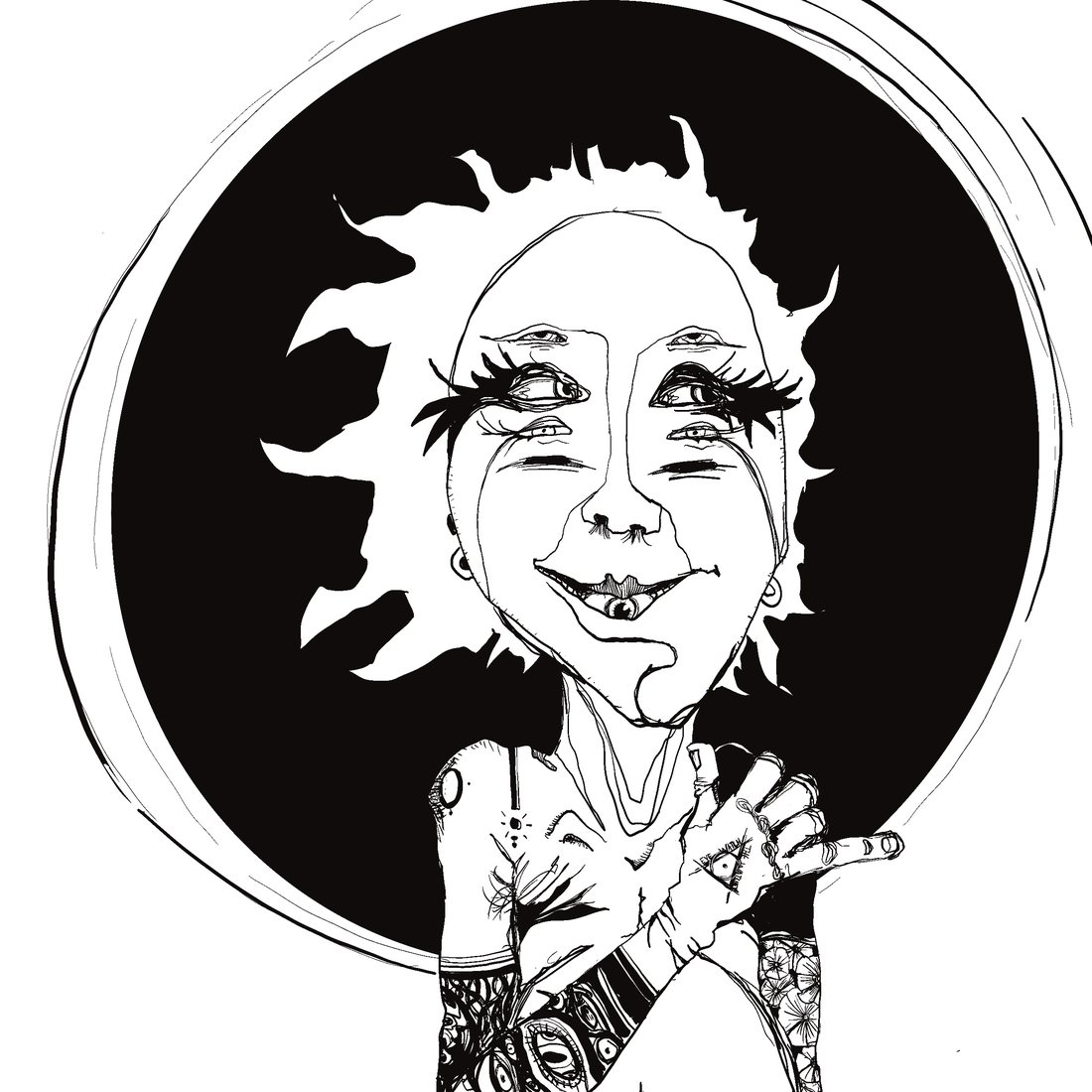 Ink drawing of a smiling woman framed by a black sun