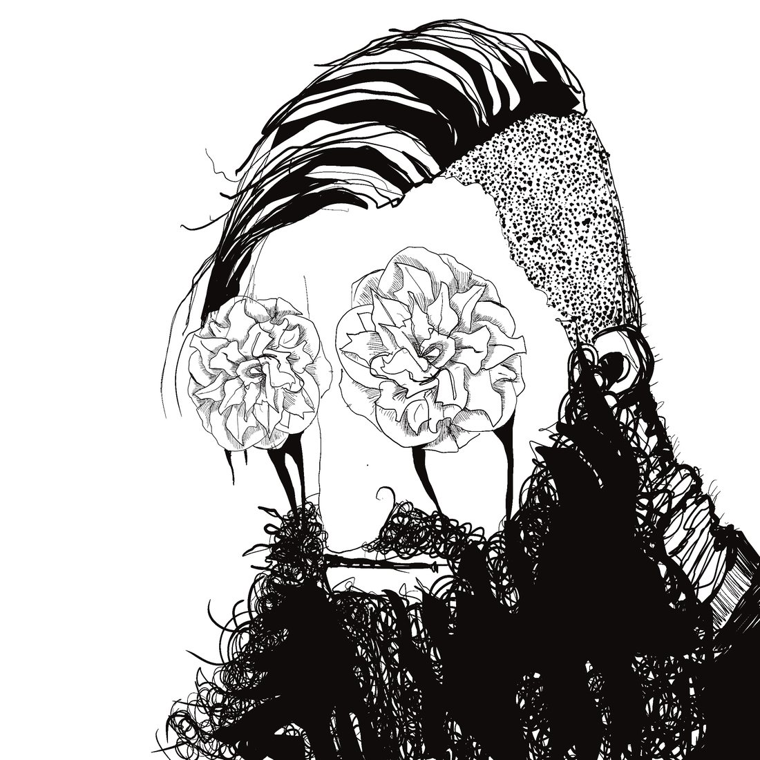 Ink drawing of a bearded man with flowers for eyes
