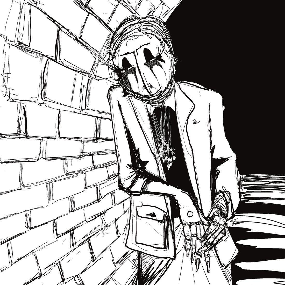 Ink drawing of a masked man in a suit leaning on a brick wall