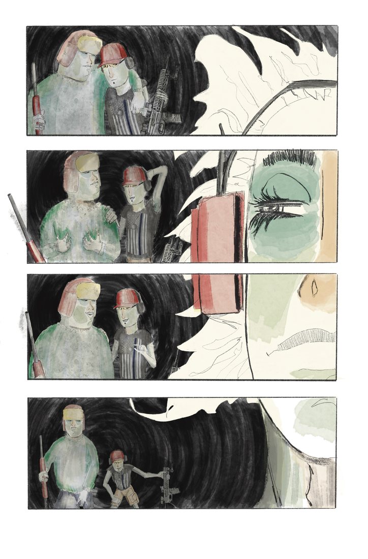 Comic page of four stacked horizontal panels in muted watercolor