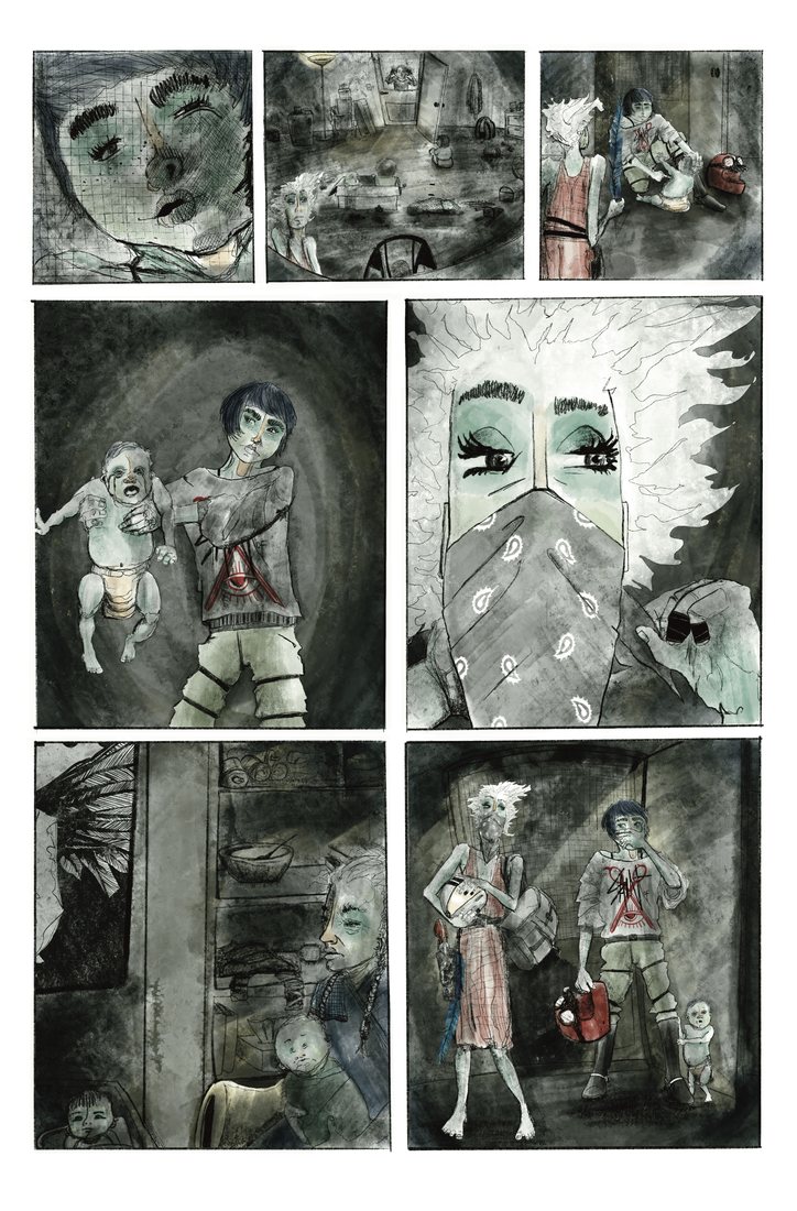 Comic page in cool greys with close-up faces and figures walking through dark rooms