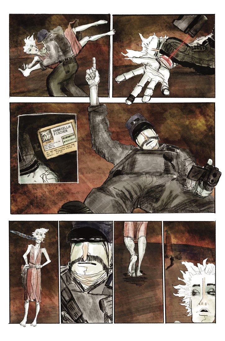Comic page in warm browns showing a struggle, a fallen figure and a white-haired woman