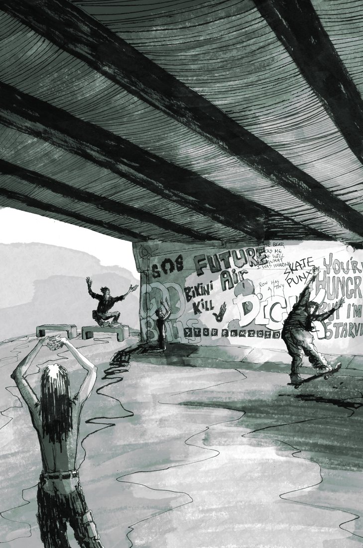 Comic page in green ink wash: skaters under a graffitied highway overpass, one with arms raised in the foreground