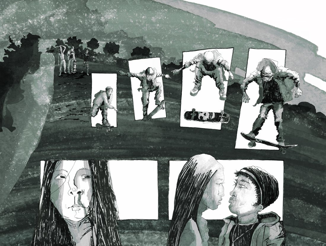 Two-page comic spread: a skater's trick in a sequence of floating panels above two close-up faces