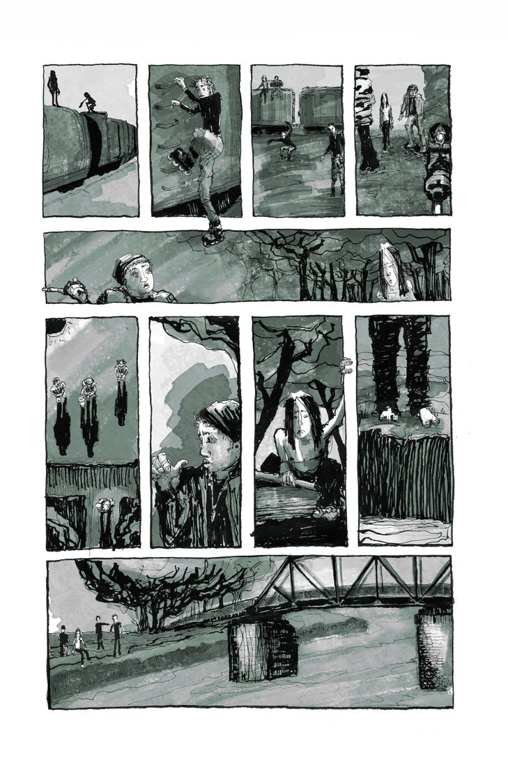 Comic page of skaters along train tracks, a wooded ravine and a trestle bridge