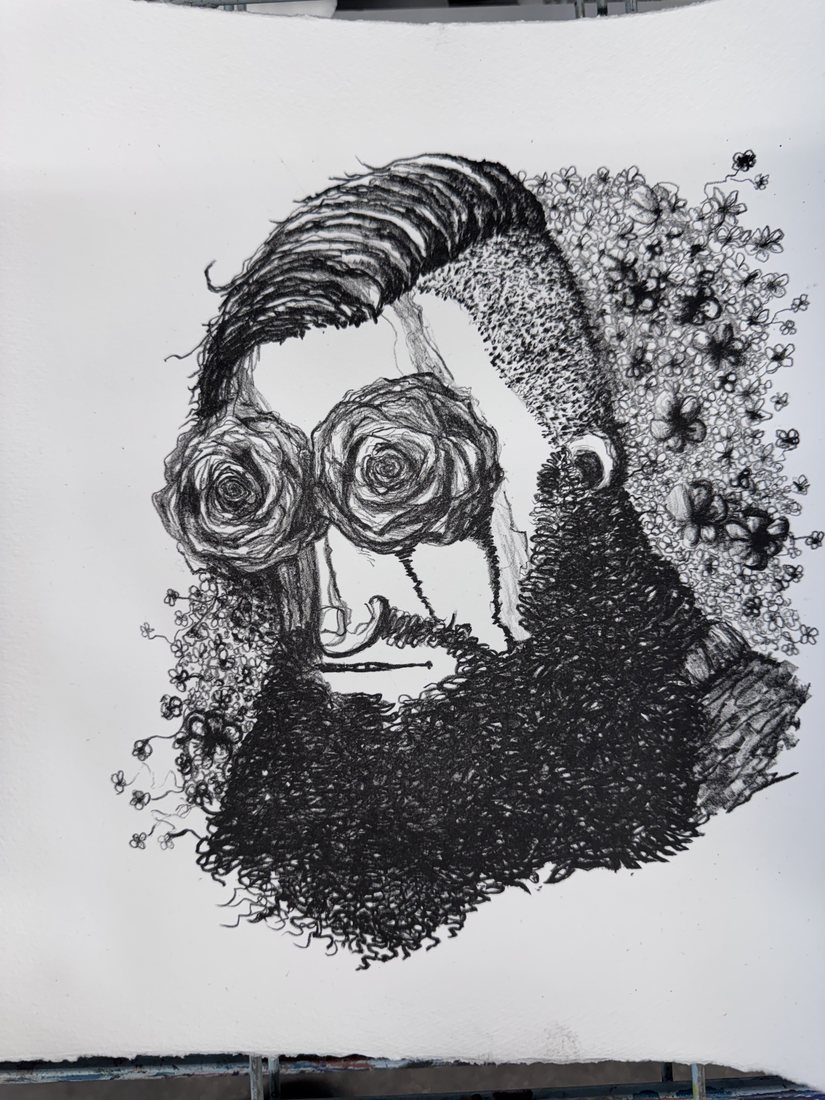 Lithograph of a bearded man with roses for eyes and flowers blooming from his hair