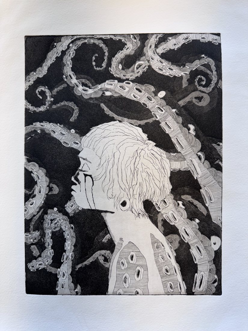 Etching of a pale-haired figure in profile surrounded by octopus tentacles