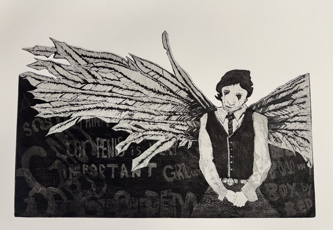 Aquatint etching on a shaped plate: a winged man in a vest before a wall of graffiti lettering