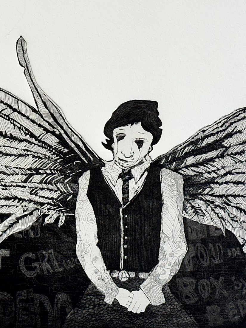 Close-up of the shaped-plate etching showing the winged man in a vest and tie