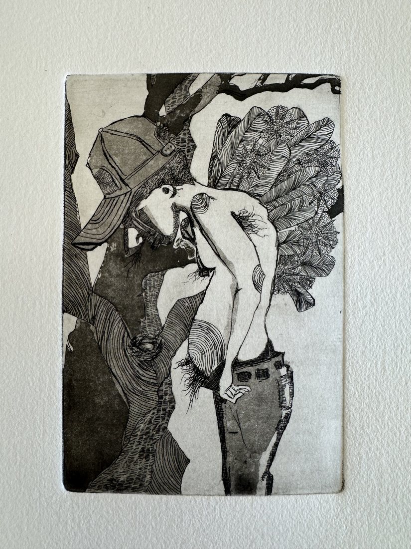 Etching of two tangled figures beneath a tree