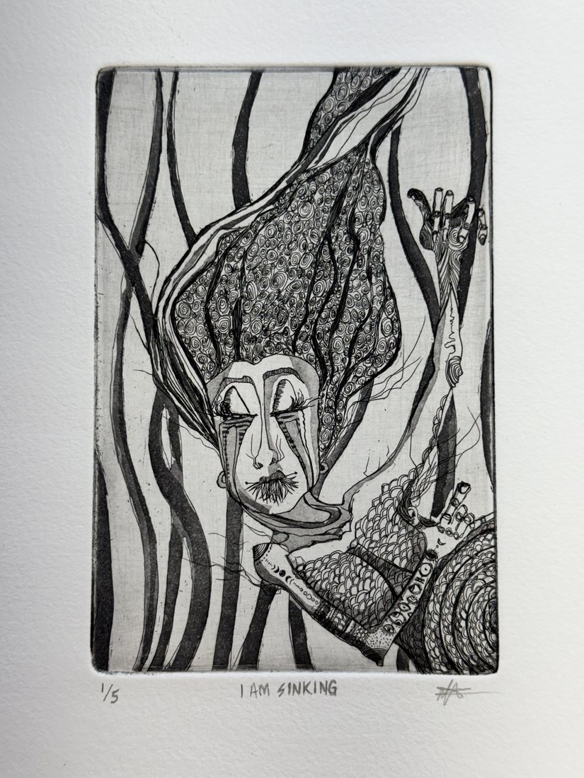 Etching of a woman with flowing hair among tall reeds