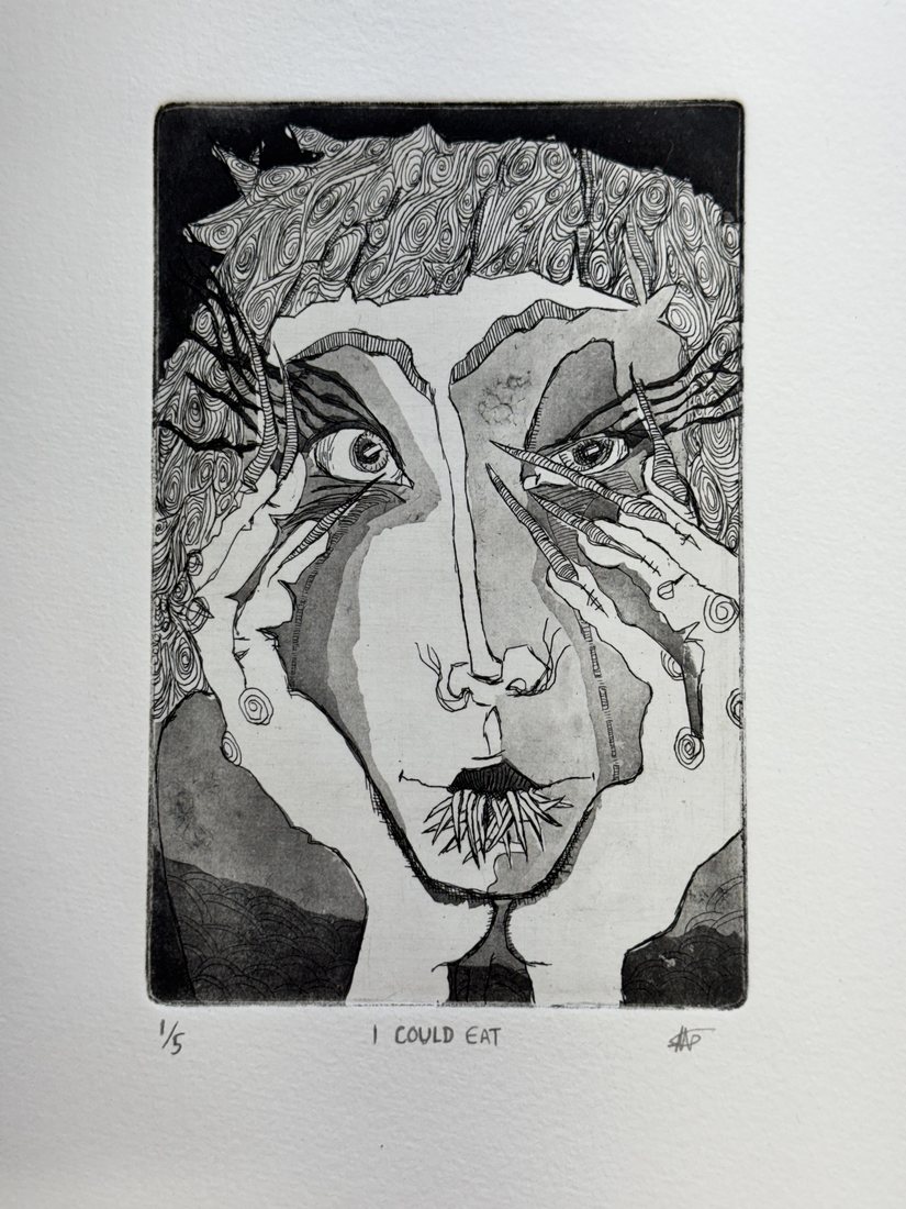 Etching of a face held between two hands