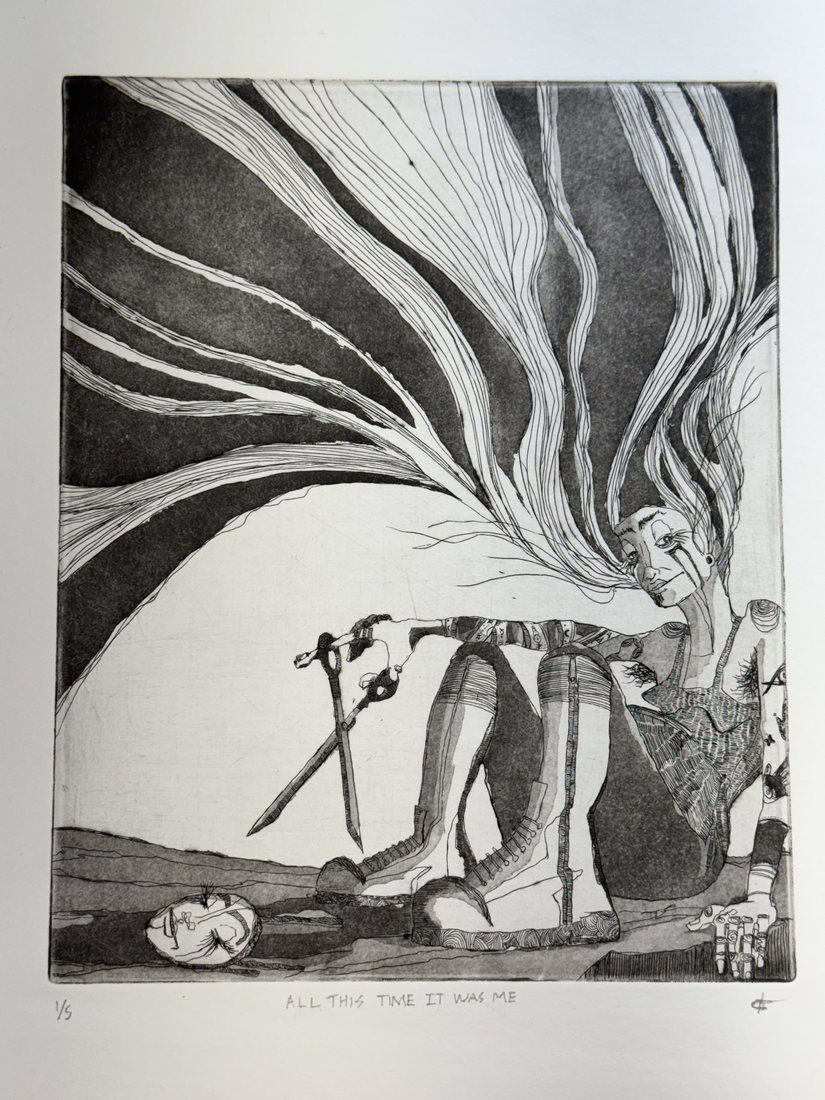 Etching of a figure with a sword beneath sweeping rays