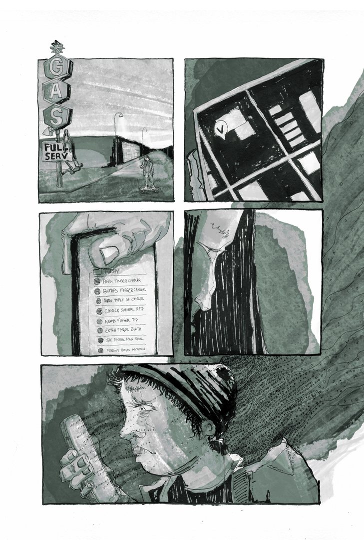 Comic page in green ink wash: a Full Serv gas station sign, a phone screen, and a man in a knit cap